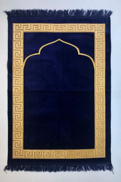 Kardelen Patternless Velvet Dark Blue Prayer Rug, Velvet Yasin, Rosary, Skullcap