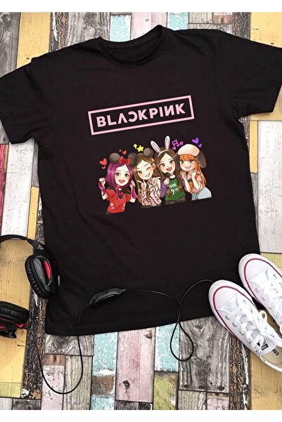 RYO FASHİON Black Pink Group Anime Black Short Sleeve Children's T-Shirt Unisex