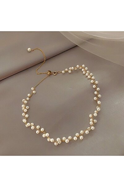 Tesbihane Metal Alaşım Üzeri Altın Kaplama Uzunluğu Ayarlanabilir Kadın Inci Kolye
