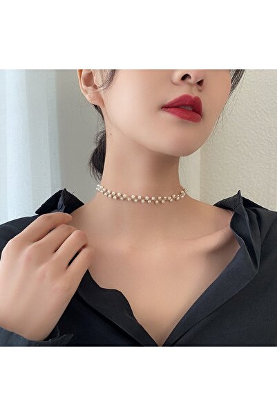 Tesbihane Metal Alaşım Üzeri Altın Kaplama Uzunluğu Ayarlanabilir Kadın Inci Kolye