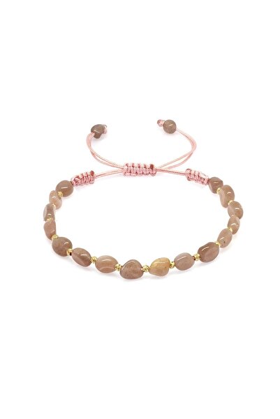 Tesbihane Makrome Örgülü Naturel Kesim Güneş Taşı Doğaltaş Kadın Bileklik