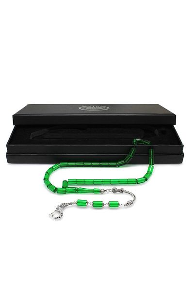 Tesbihane Non-Tarnish Metal Tasseled Cut Green Fire Amber Rosary