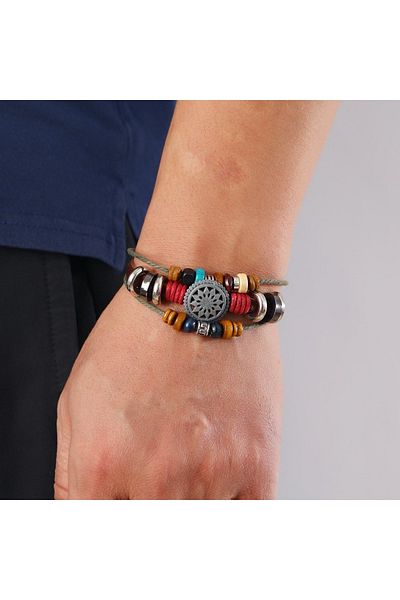 Tesbihane Multi-Layer Leather & Metal Alloy Combination Ethnic Design Retro Men's Bracelet with Sun Detail