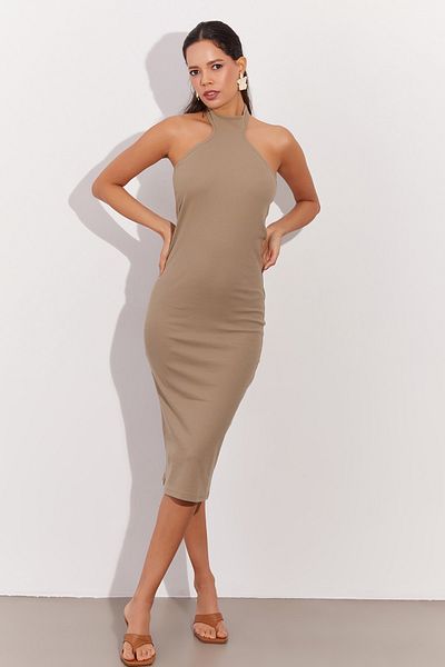 Cool & Sexy Khakifarbenes, rückenfreies Neckholder-Midikleid für Damen OW138