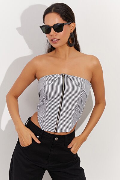 Cool & Sexy Γυναικεία Μπλούζα Στράπλες με Ριγέ Λευκό-Μαύρο με φερμουάρ SF1561