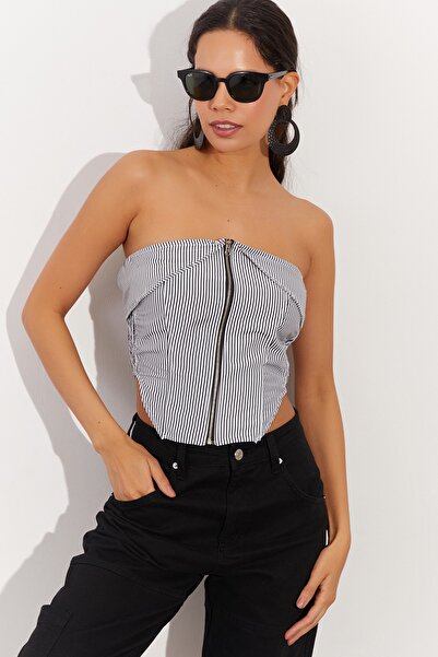 Cool & Sexy Γυναικεία Μπλούζα Στράπλες με Ριγέ Λευκό-Μαύρο με φερμουάρ SF1561
