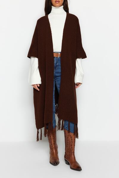 Trendyol Modest Καφέ φούστα με φούντα μακριά πλεκτά ζακέτα TCTAW23TH00008