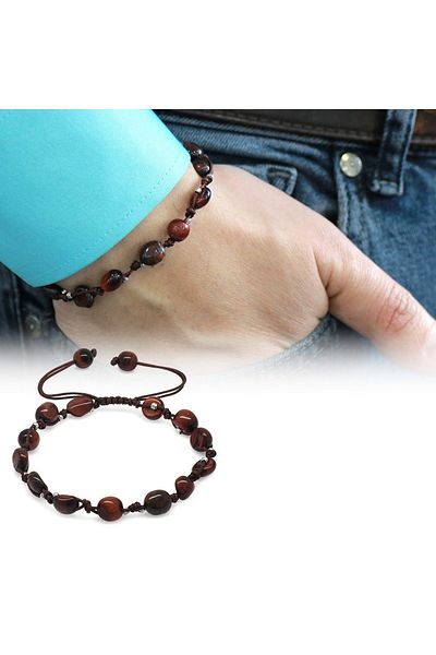 Tesbihane Macrame Braided Natural Cut Dorica Ball Detailed Dark Color Tiger Eye Natural Stone Men's Bracelet