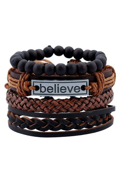 Tesbihane Multi-Layer Leather & Metal Alloy Combination Ethnic Design Trust Written Retro Women's Bracelet