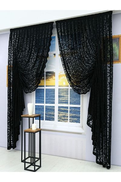 Artper Perdeniz Gathered 2 Wings Tulle Background Curtain Black