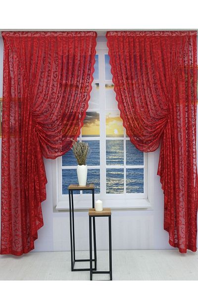 Artper Perdeniz Gathered 2 Wings Tulle Background Curtain Red