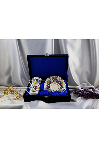 Kütahya Serigrafi 2'li Altın Yaldızlı Porselen Fincan Takımı Kadife Kutulu
