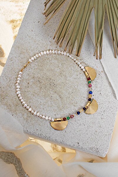 ÇAKRA DOĞAL TAŞ Çakra X Inci Doğal Taşlı Altın Kaplama Yelpaze Kolye