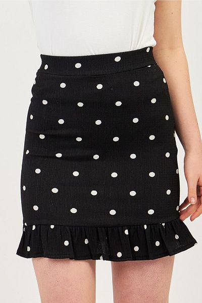 Elia Moda Fustă mini cu volan cu buline negre pentru femei
