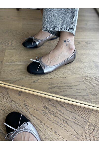 LA PASSION Kadın Günlük Babet Yuvarlak Burun, Gümüş Siyah Hakiki Deri Babet