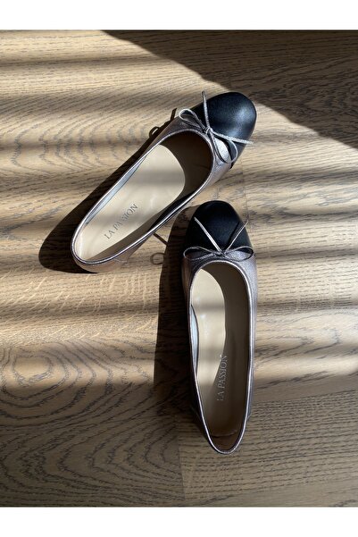 LA PASSION Kadın Günlük Babet Yuvarlak Burun, Gümüş Siyah Hakiki Deri Babet