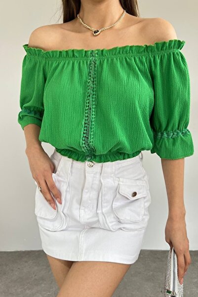 lovebox Women's Cotton Fabric Strapless Collar Waist Elastic Detailed Stylish Design Green 40/42 Cm Blouse 10369