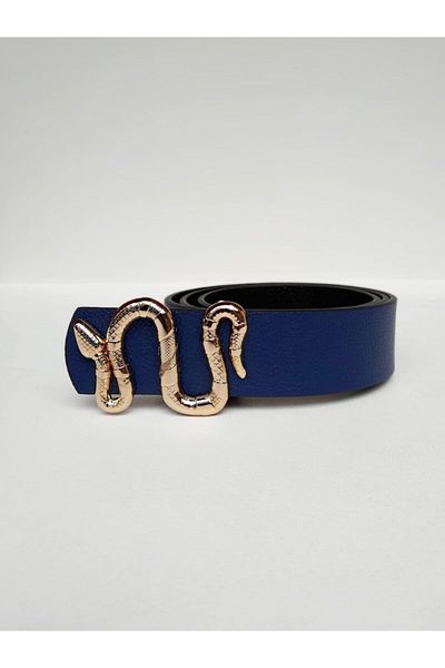 Kemerix Navy Blue Snake Buckle Women's Belt - Gold Buckle