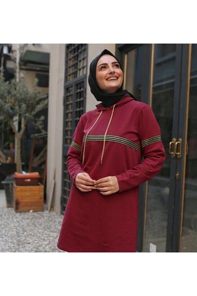 CNG MODA Women's Glitter Stripe Claret Red Hijab Tracksuit Set