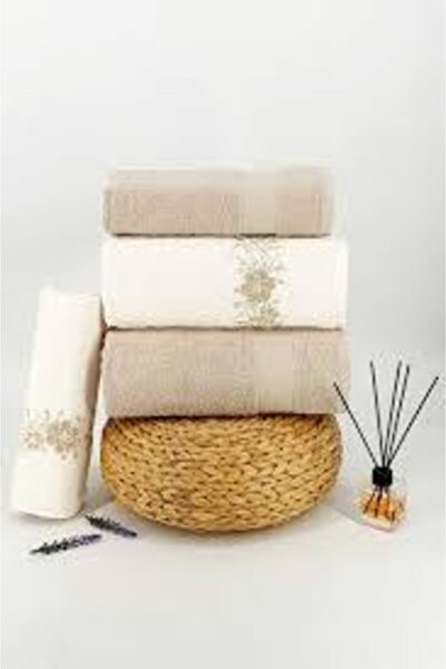 Nurpak Embroidered Dowry Towel Set Brown Cream 4 Pieces