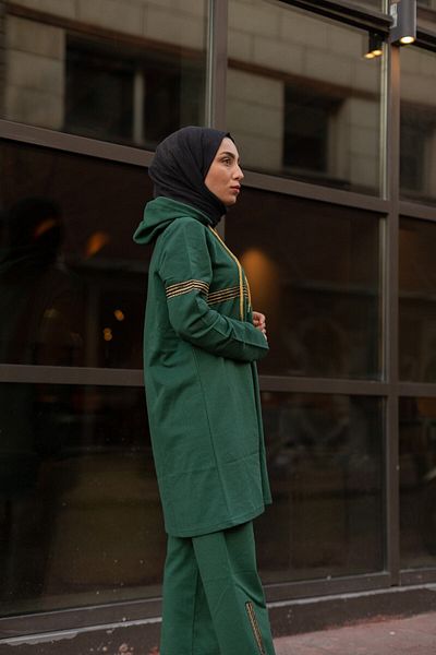 CNG MODA Women's Glitter Stripe Green Hijab Tracksuit Set