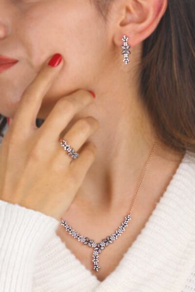 Midyat Nurtaş Gümüş Yaprak Tasarım Zirkon Taşlı Roslu Gümüş Üçlü Set