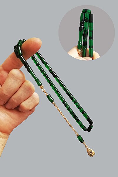 Modalyon Kesme Yeşil Siyah Ateşi Kehribar Tesbih 5,5x10 mm