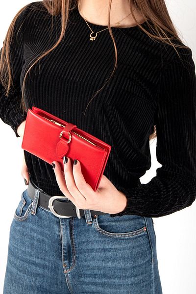 Womancraft Red Women's Wallet Accessory with Soft Leather Buckle and Multiple Compartments