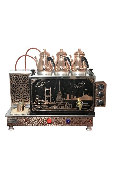 MARATON Üç Demlikli Bakır Çay Kazanı Ve Kumda Kahve Makinesi Demlik Hediyeli