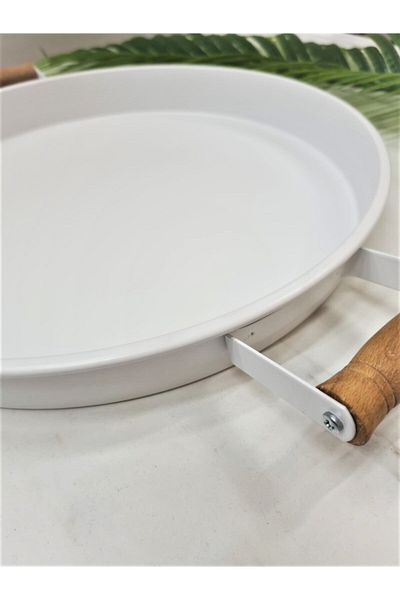 MATARMUTFAK 36*4cm Metal Round White Presentation Tray with Wooden Handle