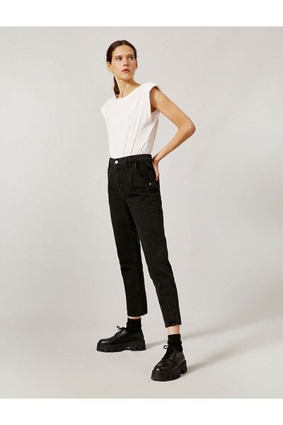 Koton Blugi mom din bumbac, negri, cu talie normală, slim fit