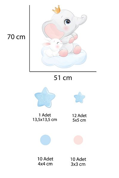 Tilki Dünyası Cute Elephant And Rabbit On The Cloud Kids Room Wall Sticker
