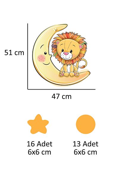 Tilki Dünyası Cute Lion on the Moon Yellow Stars and Polka Dots Kids Room Wall Sticker