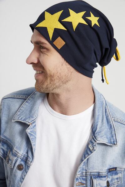 Butikgiz Sarı Lacivert Yıldızlı Efsane Çubuklu, Ipli 4 Mevsim Şapka Bere Buff-yumuşak Doğal Penye