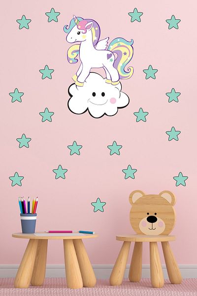 Tilki Dünyası Cute Unicorn Smiling White Cloud Green Stars Kids Room Wall Sticker