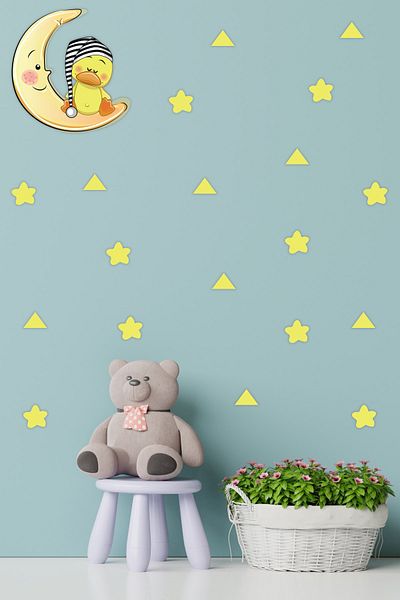 Tilki Dünyası Cute Duck Sleeping on the Moon Yellow Stars And Triangles Wall Sticker for Children's Room