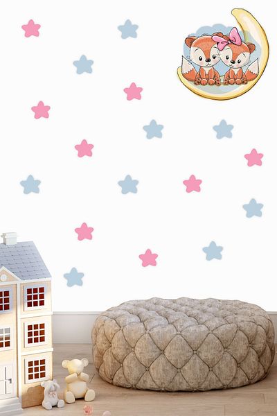 Tilki Dünyası Cute Foxes on the Moon Blue and Pink Stars Kids Room Wall Sticker