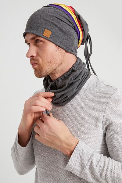 Butikgiz Men's Smoked, Vibrant Color Pieces, 4 Seasons Hat, Beret and Neck Collar Set with Rope Detail, Soft Natural Combed Cotton