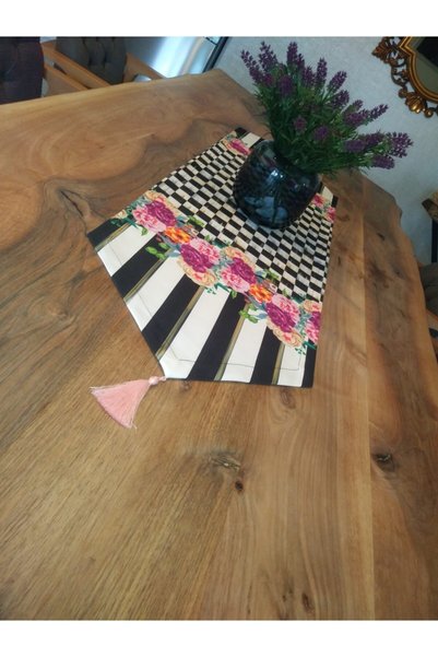 Ayşemce Placemat Checkered -mackenzie Vertical Striped Floral Pattern Runner. (with black Tassels)