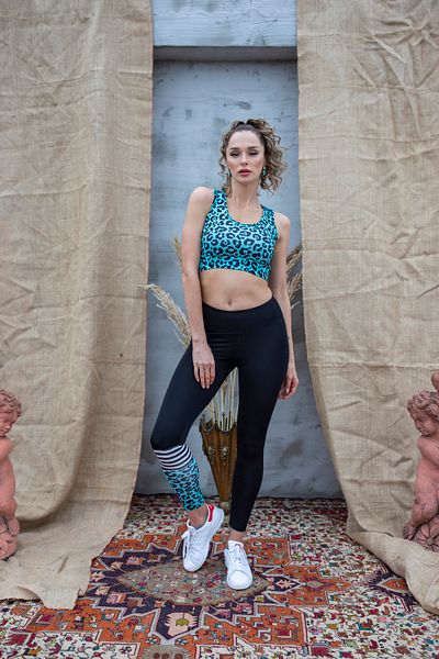 Grenj Fashion Leggings sport negri cu talie înaltă și model de leopard albastru imprimat digital