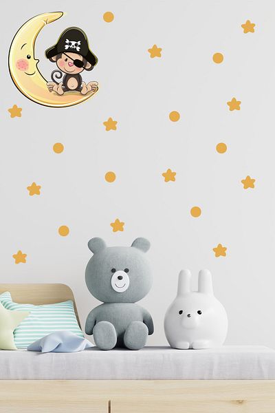 Tilki Dünyası Pirate Monkey on the Moon Kids Room Wall Sticker