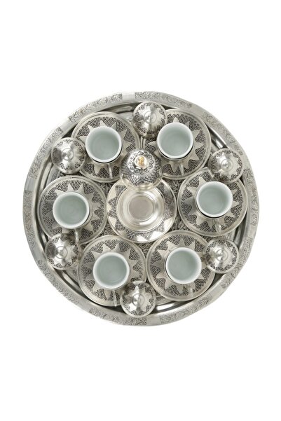 HASBEDESTEN El Yapımı Gaziantep Eskitme Üzüm Desenli 6 Kişilik Bakır Türk Kahvesi Fincan Takımı