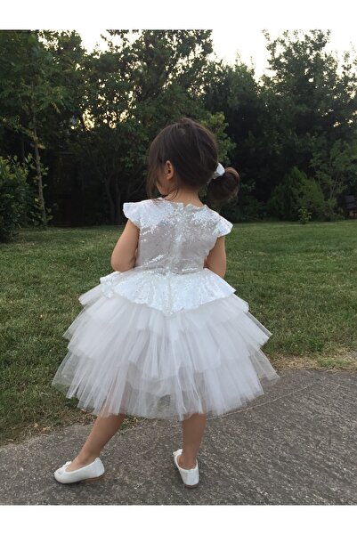 Sevimlice Kids Kız Çocuk Beyaz Kısa Kollu Payetli Elbise