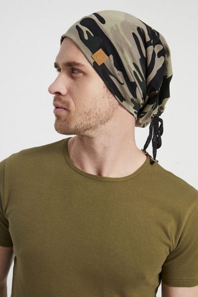 Butikgiz Men's Khaki, Camouflage Patterned, Rope Detailed 4 Season Hat Beanie Buff - Ultra Soft Natural Combed Cotton Fabric