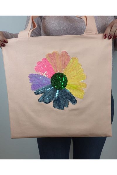 Gönülden Tasarım Unisex Floral Sequin Απλικέ Σχέδιο Καθημερινή υφασμάτινη τσάντα παραλίας