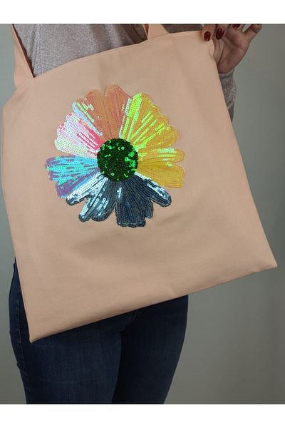 Gönülden Tasarım Unisex Floral Sequin Απλικέ Σχέδιο Καθημερινή υφασμάτινη τσάντα παραλίας