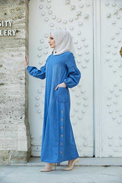 BURCU TESETTÜR Yandan Düğmeli Balon Kollu Tesettür Kot Elbise 1001