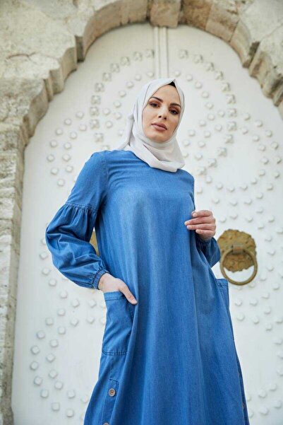 BURCU TESETTÜR Yandan Düğmeli Balon Kollu Tesettür Kot Elbise 1001