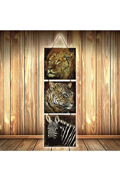 TAKIFİX Aslan Kaplan Zebra Tasarımlı Üçlü Retro Ahşap Poster Ü491