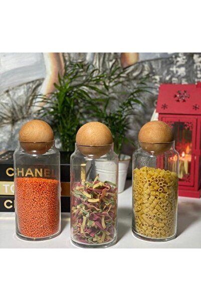 İLİVA 3'lü Büyük Boy Ahşap Top Kapaklı Kavanoz Seti , Saklama Kabı, Baharatlık